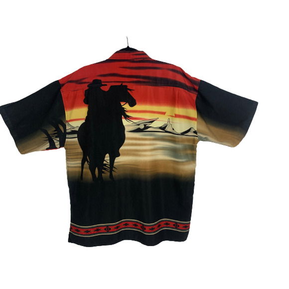 OSCAR MISA Mens Size Large Button-up Shirt Cowboy Sunset Print Rodeo Western - Picture 4 of 6